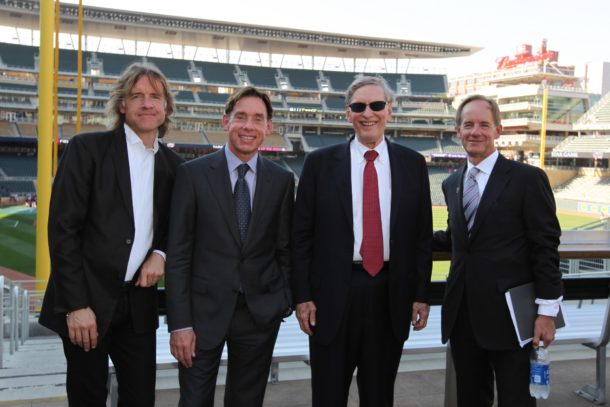 The Pohlad brothers: From left to right: Bill Pohlad, Robert Pohlad, MLB commissioner Bud Selig and Jim Pohlad (Credit: Brace Hemmelgarn/Minnesota Twins/Getty Images)