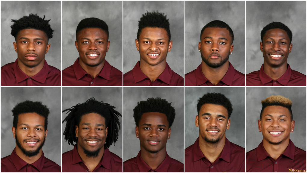 Gophers football players (from top left) Ray Buford, Carlton Djam, KiAnte Hardin, Dior Johnson, Tamarion Johnson; (from bottom left) Antonio Shenault, Kobe McCrary, Mark Williams, Seth Green and Antoine Winfield Jr. have been suspended from all team activities, the University of Minnesota announced Tuesday, Dec. 13, 2016. (Courtesy photos - Pioneer Press)