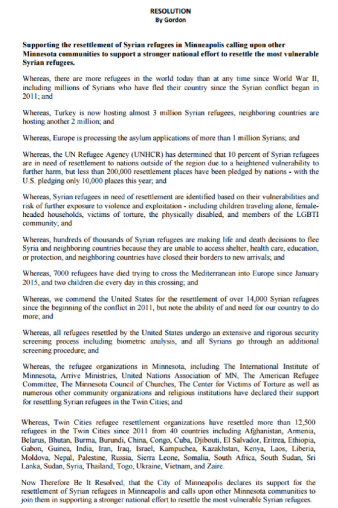 Resolution on the resettlement of Syrian refugees passed by the Minneapolis City Council and Mayor Betsy Hodges on Jan. 13, 2016