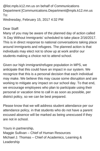 Email from Minneapolis Schools to staff about "Day without Immigrants" absences.