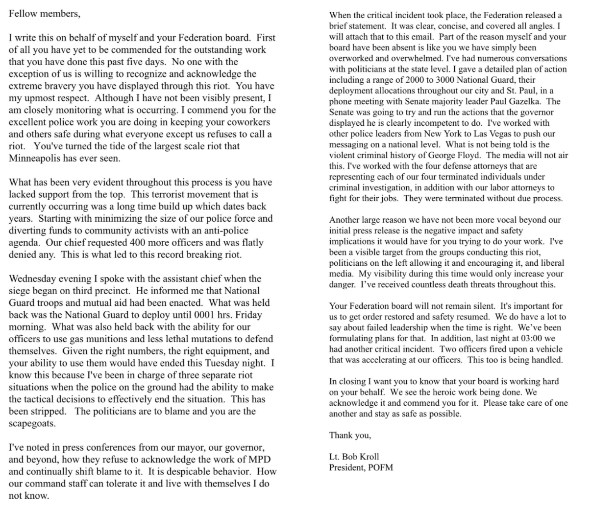 This is Bob Kroll's letter to his union.