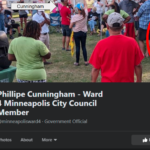 Cunningham appears here, speaking to a small group as an apparent bodyguard stands watch. (Image source: Facebook/@minneapolisward4)