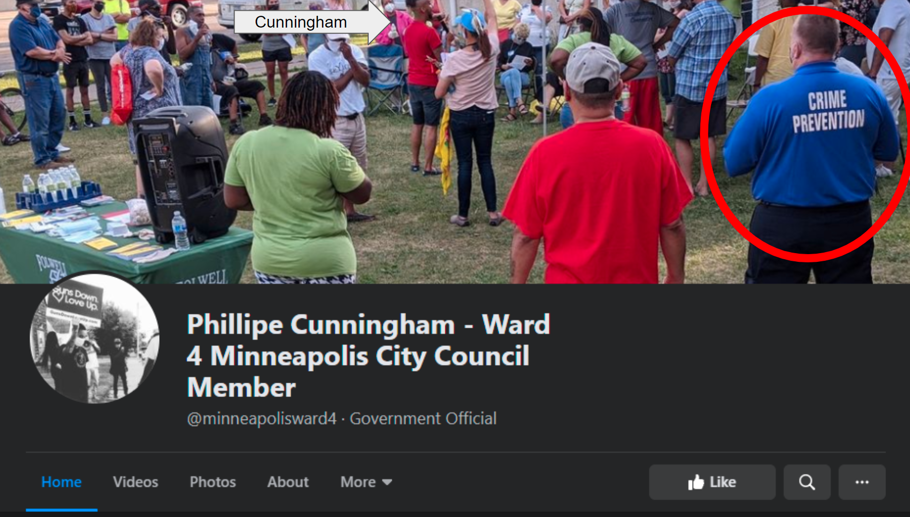 Cunningham appears here, speaking to a small group as an apparent bodyguard stands watch. (Image source: Facebook/@minneapolisward4)