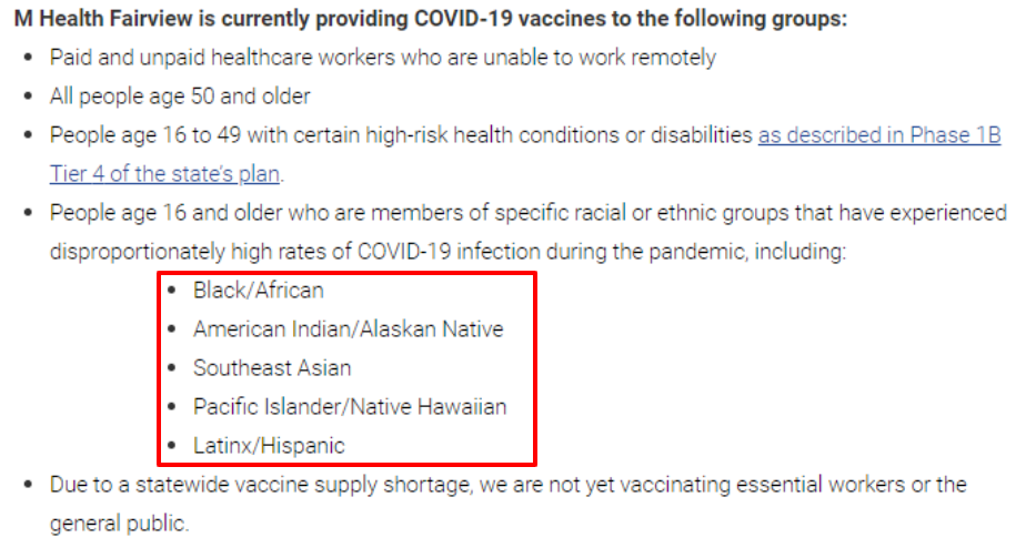 This screenshot of the Fairview Health website shows their exact breakdown of who can receive the coronavirus vaccine. (Image source: Screenshot/Fairview Health. Highlight added for effect. Captured 4/14/2021)