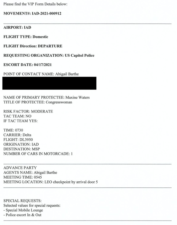 This form shows Waters's request for a police escort. (Image credit: Townhall) 