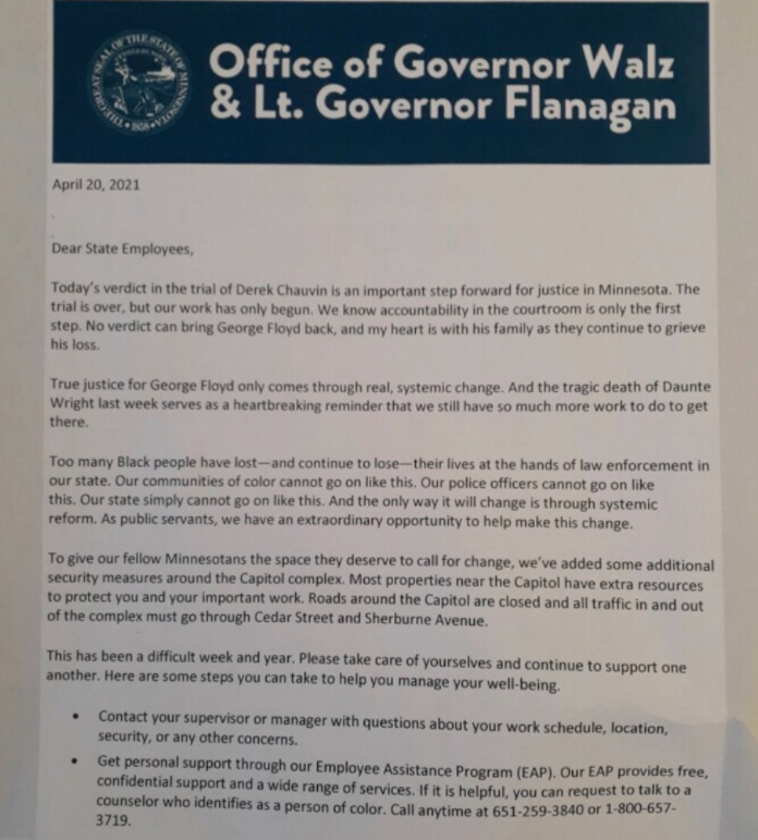 This is the letter posted in the state office buildings.