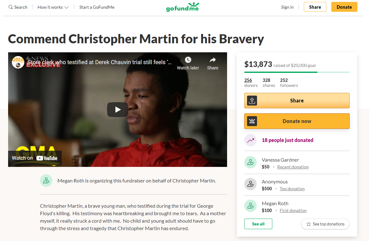 This is a screenshot of Christopher Martin's Go Fund Me campaign captured 5/1/2021.