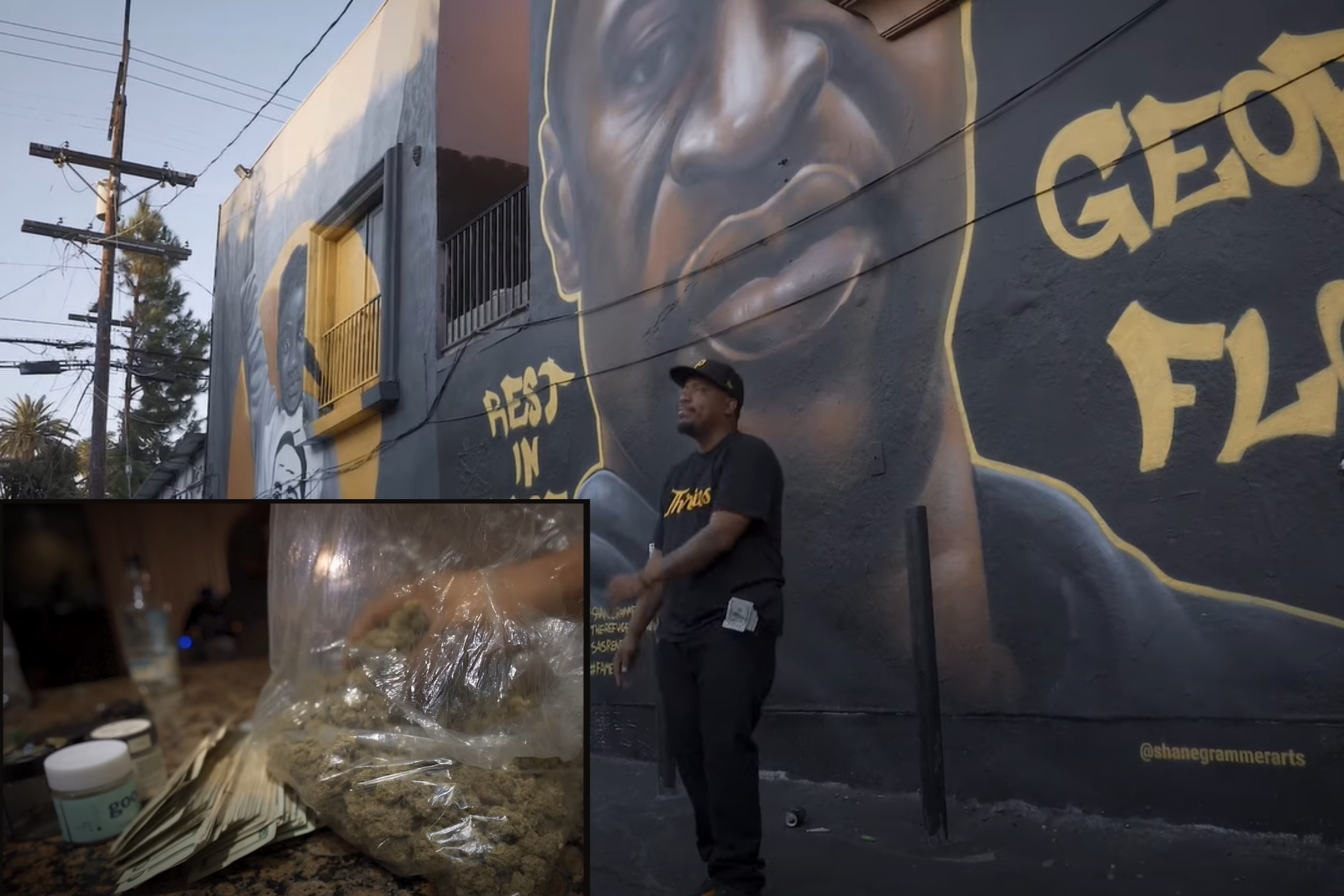 These are screenshots from Ty$tick's "Regulate" music video that show the rapper posing in front of a George Floyd mural and showing off how much marijuana he has. (YouTube/Stewop Visuals)