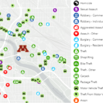 This map shows reported crimes around UMN during the two weeks preceding November 8, 2021. (Minneapolis/screenshot)