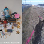 This image shows a collage of objects reportedly collated from the scene of Sheriff Dave Hutchinson’s drunk driving crash last week. On the right is a picture of the marks left in the dirt after the accident. 