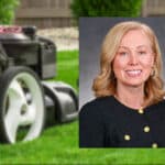Rep. Heather Edelson is co-sponsoring legislation that would ban the sale of gas-powered lawn and gardening tools in Minnesota. (Background: Shutterstock; Right: Rep. Heather Edelson/Minnesota House)