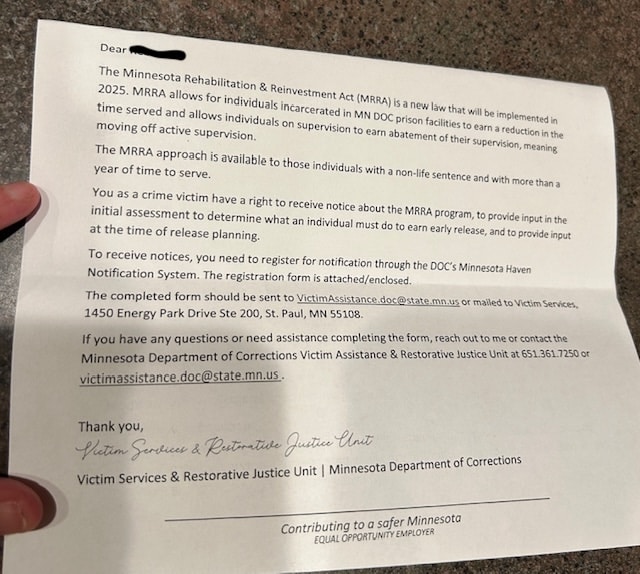 Letter re: MRRA Prisoner Early Release