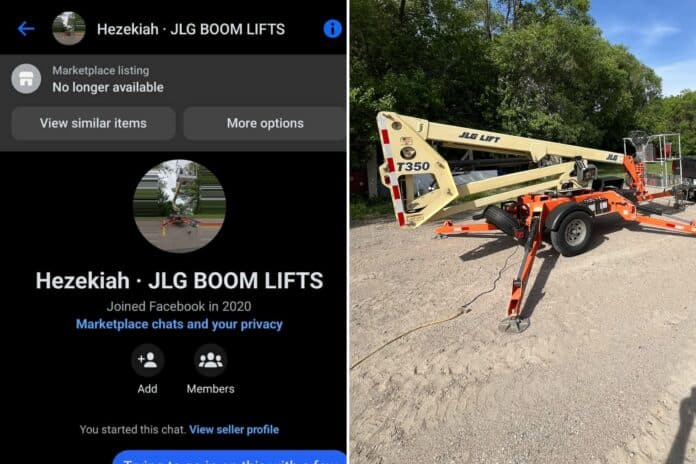 A JLG boom lift purchased through Facebook Marketplace and correspondence between the buyers and seller. (Photos provided to Alpha News)