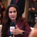 Harmeet Dhillon speaking with the media at the 2022 AmericaFest at the Phoenix Convention Center in Phoenix, Arizona.
