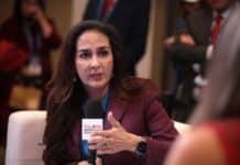 Harmeet Dhillon speaking with the media at the 2022 AmericaFest at the Phoenix Convention Center in Phoenix, Arizona.