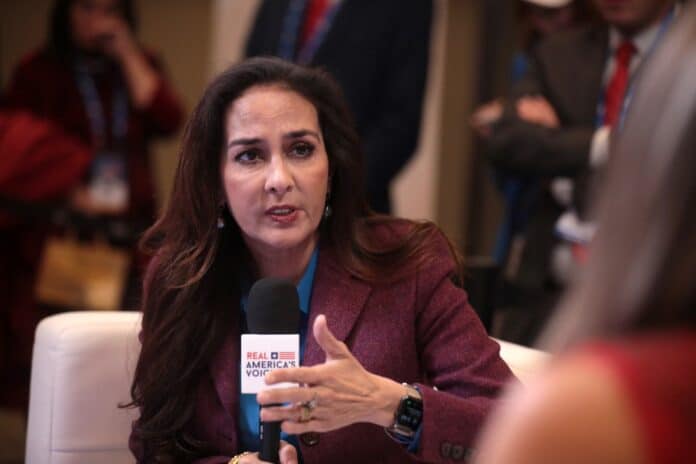 Harmeet Dhillon speaking with the media at the 2022 AmericaFest at the Phoenix Convention Center in Phoenix, Arizona.
