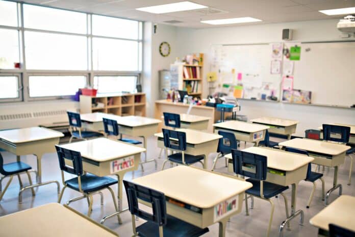 A school classroom with desks