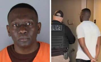 Left: Wilson Tindi/Hennepin County Jail prior mugshot; Right: Wilson Tindi being detained at his home in Plymouth/Alpha News