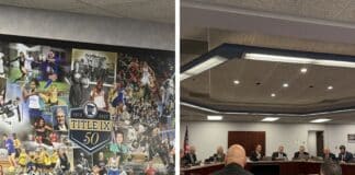 Photos from the Minnesota State High School League's Oct. 8 meeting, including an MSHSL poster celebrating Title IX.