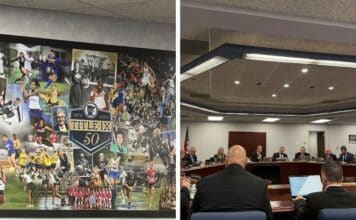 Photos from the Minnesota State High School League's Oct. 8 meeting, including an MSHSL poster celebrating Title IX.