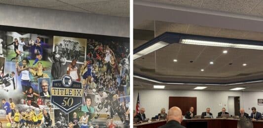 Photos from the Minnesota State High School League's Oct. 8 meeting, including an MSHSL poster celebrating Title IX.