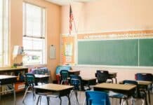 An American flag hangs in a school classroom.