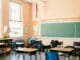 An American flag hangs in a school classroom.