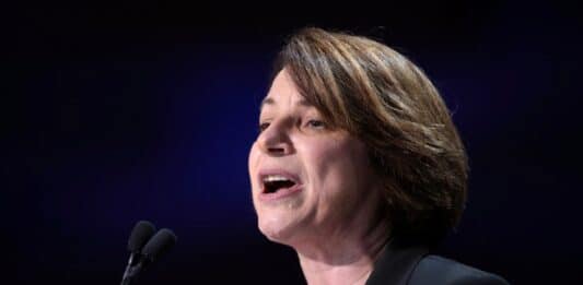 Sen. Amy Klobuchar speaks at the 2019 California Democratic Party State Convention during her campaign for president.