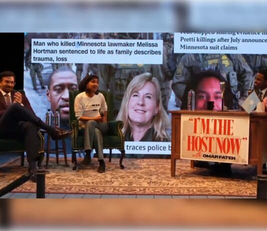 Hasan Piker appears with Rep. Ilhan Omar and state Sen. Omar Fateh at an event Monday night in Minneapolis.
