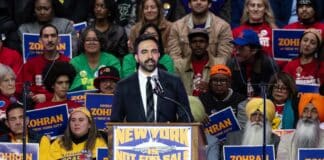 New York City Mayor Zohran Mamdani, one of the most high-profile faces of the DSA, speaks at an October 2025 rally.