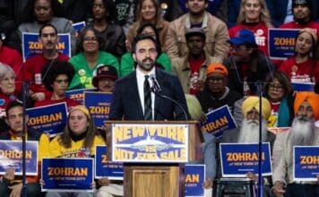 New York City Mayor Zohran Mamdani, one of the most high-profile faces of the DSA, speaks at an October 2025 rally.