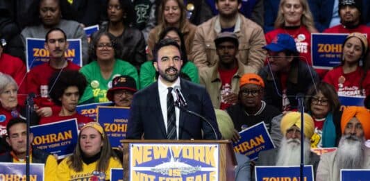 New York City Mayor Zohran Mamdani, one of the most high-profile faces of the DSA, speaks at an October 2025 rally.