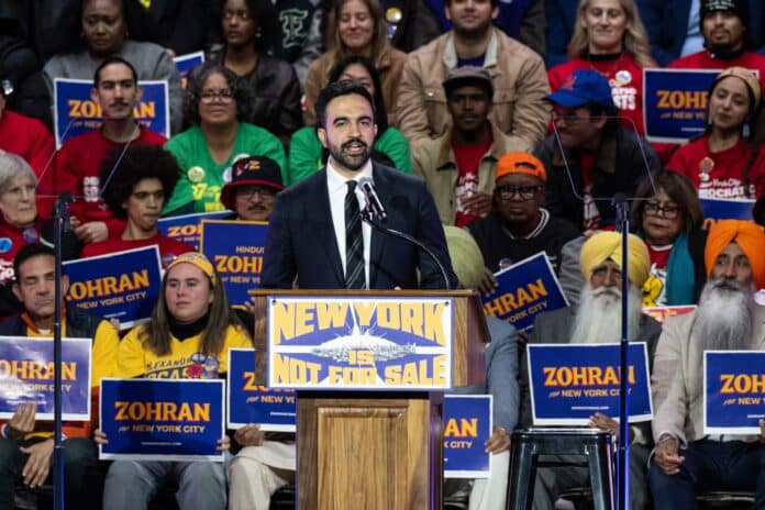 New York City Mayor Zohran Mamdani, one of the most high-profile faces of the DSA, speaks at an October 2025 rally.